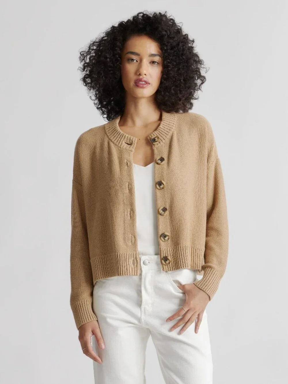 Organic Cotton Cropped Cardigan in Camel - Picture 2 of 10